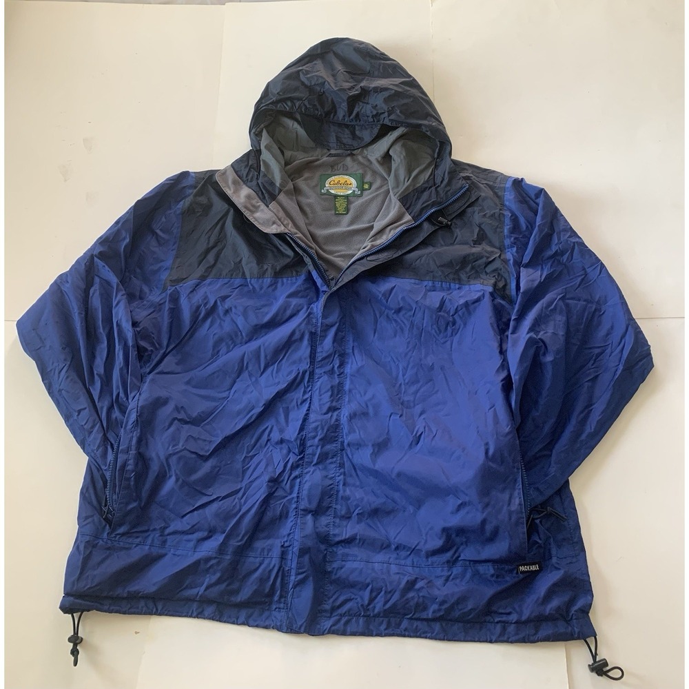 Cabela's Mens 2XL Tall Packable Rain Jacket Lightweight Blue Hooded Full Zip